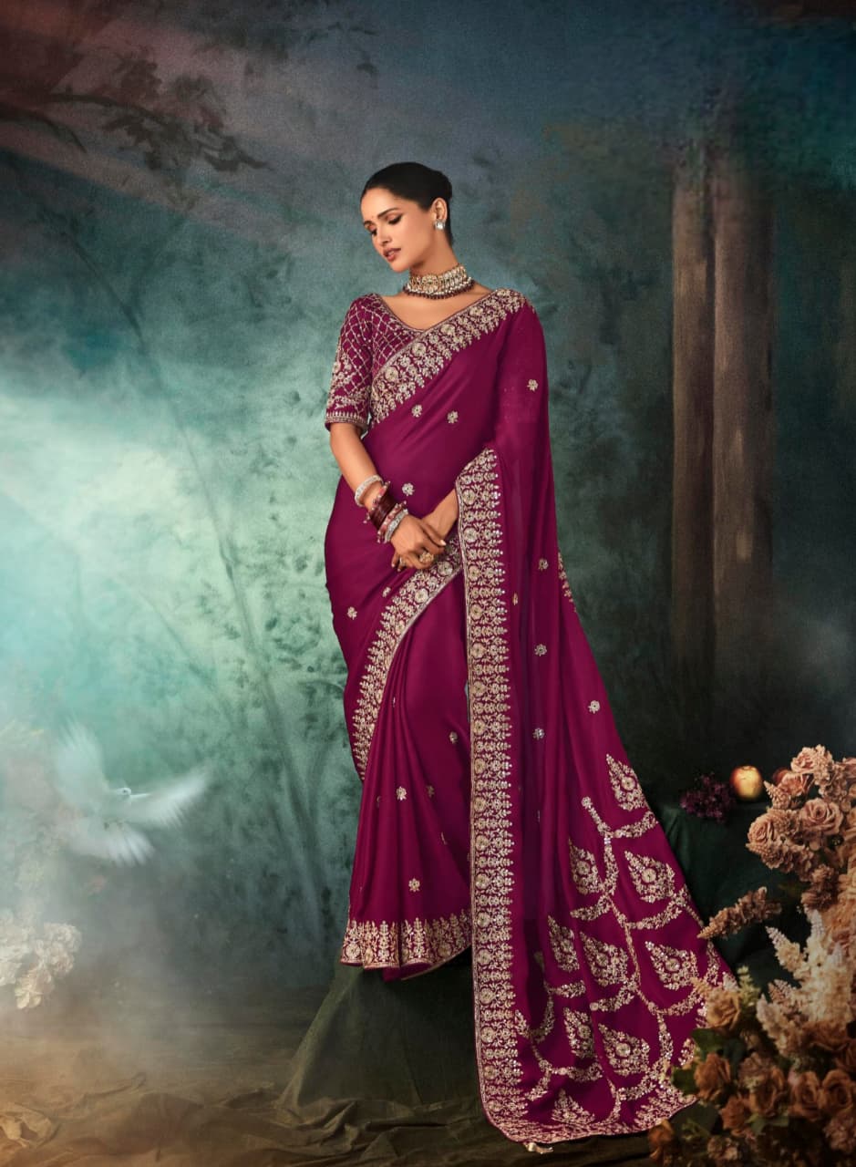 Wine Purple Soft Satin Aari Work Handwork Saree