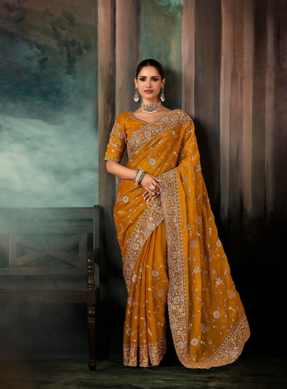 Mustard Yellow Fancy Fabric Aari Work Handwork Saree
