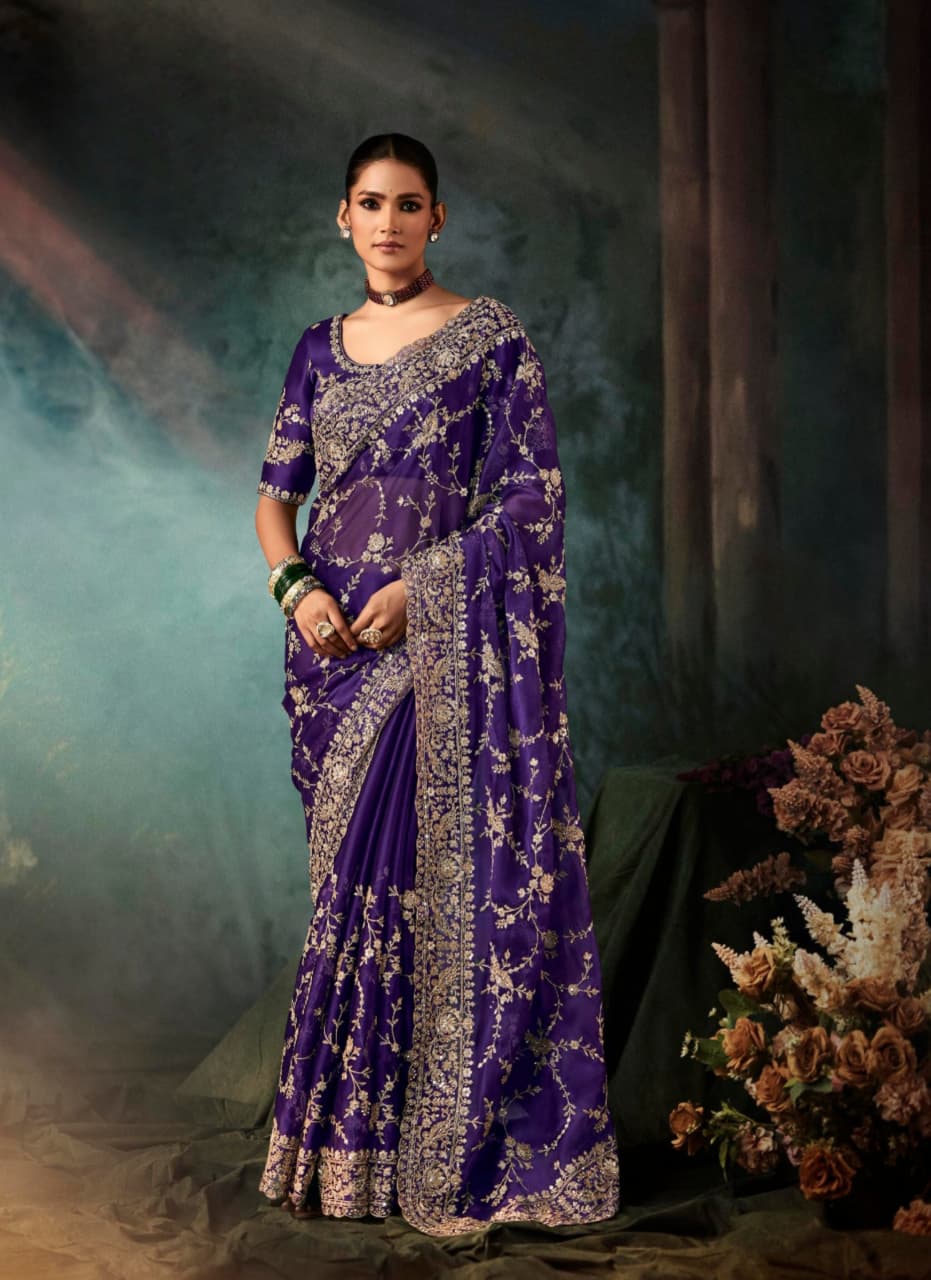 Purple Natural Crepe Aari Work Handwork Saree