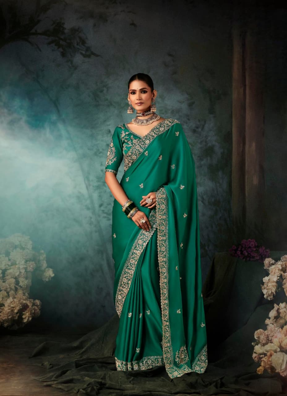 Emerald Green Soft Satin Aari Work Handwork Saree