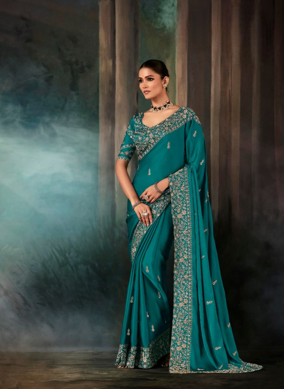 Teal Green Soft Satin Aari Work Handwork Saree