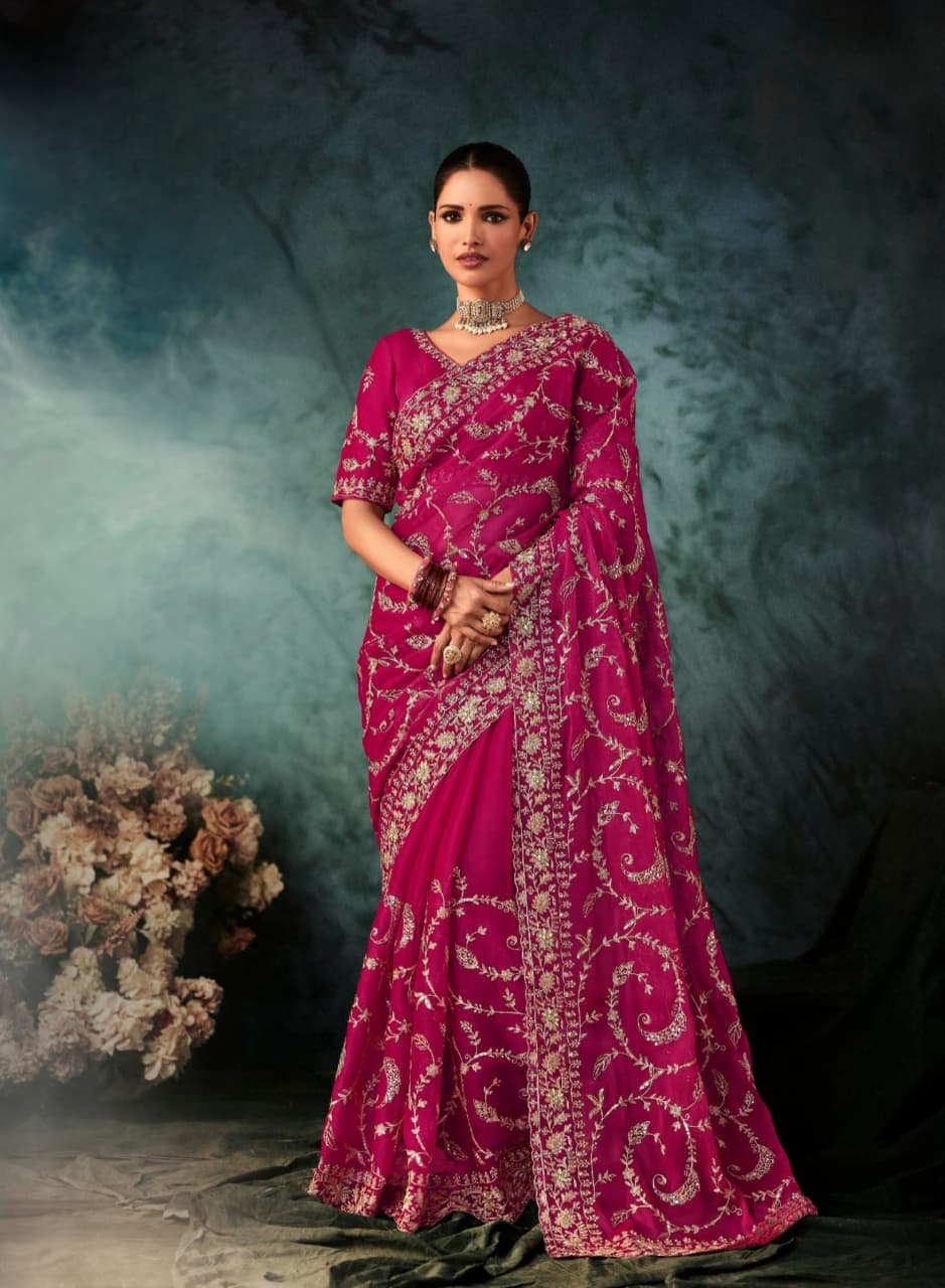 Pink Natural Crepe Aari Work Handwork Saree