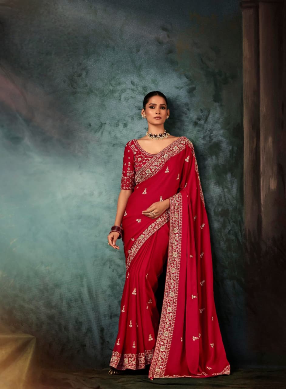 Red Fancy Fabric Aari Work Handwork Saree