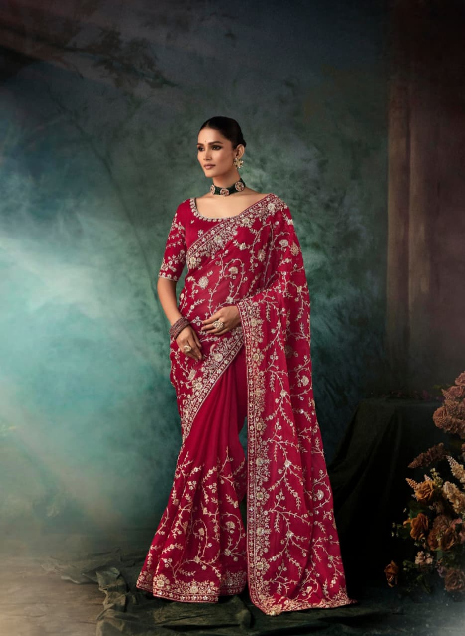 Maroon Natural Crepe Aari Work Handwork Saree