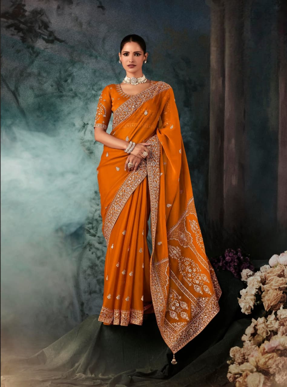 Orange Fancy Fabric Aari Work Handwork Saree