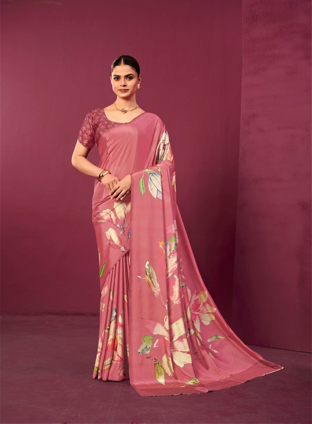 Rose Pink Malai Silk Crepe Digital Print Floral Saree