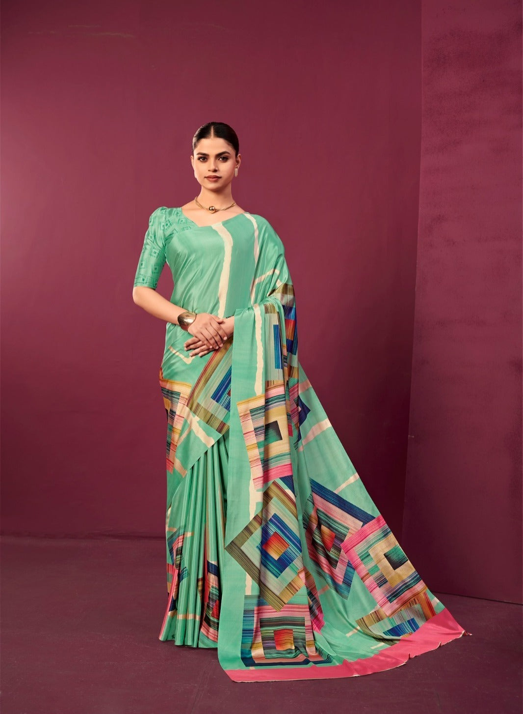 Mint Green Malai Silk Crepe Digital Print Geometric Saree