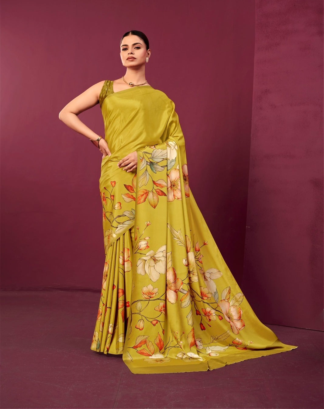 Lime Yellow Malai Silk Crepe Digital Print Floral Saree