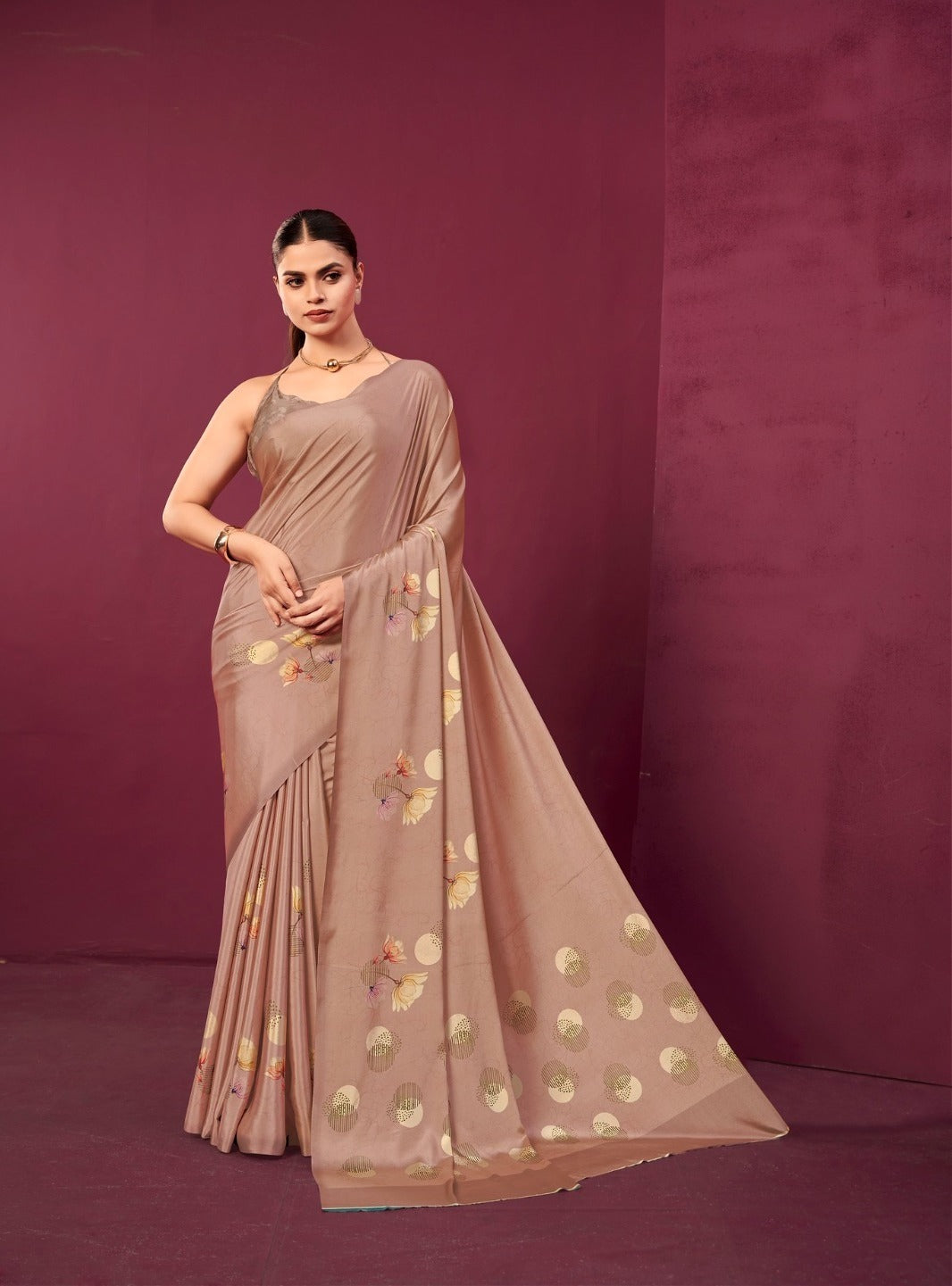 Beige Malai Silk Crepe Digital Print Floral Saree
