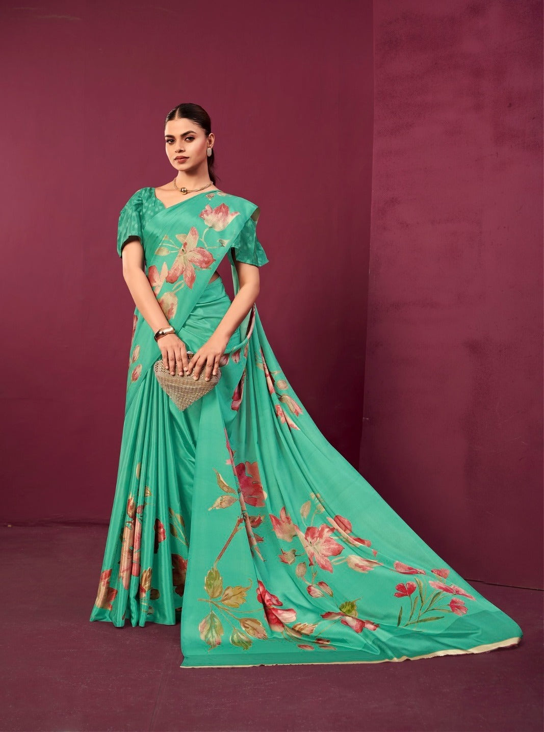 Turquoise Green Malai Silk Crepe Digital Print Floral Saree