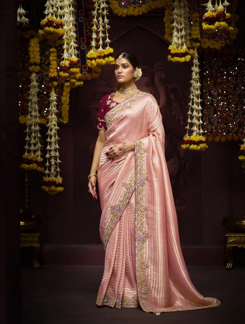 Baby Pink Striped Pure Banarasi Kanjivaram Zari Weaving Saree