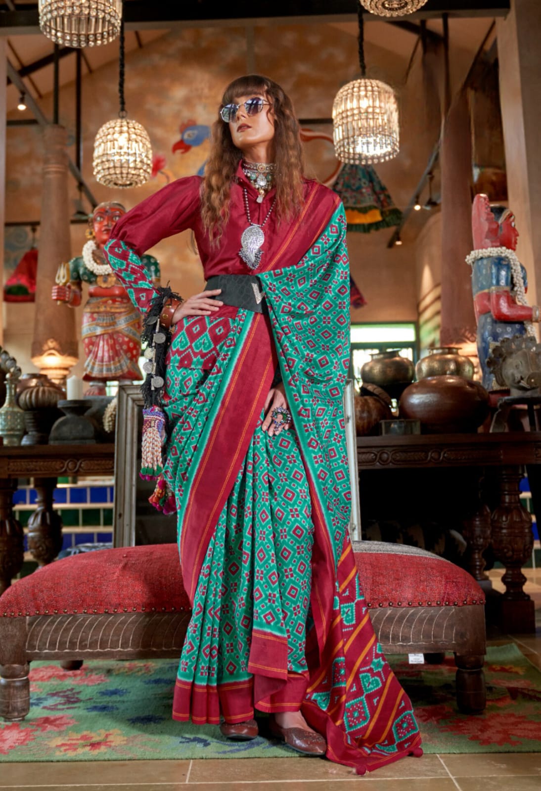 Teal Red Double Ikkat Super 8001 P.V Silk H.B Print Saree