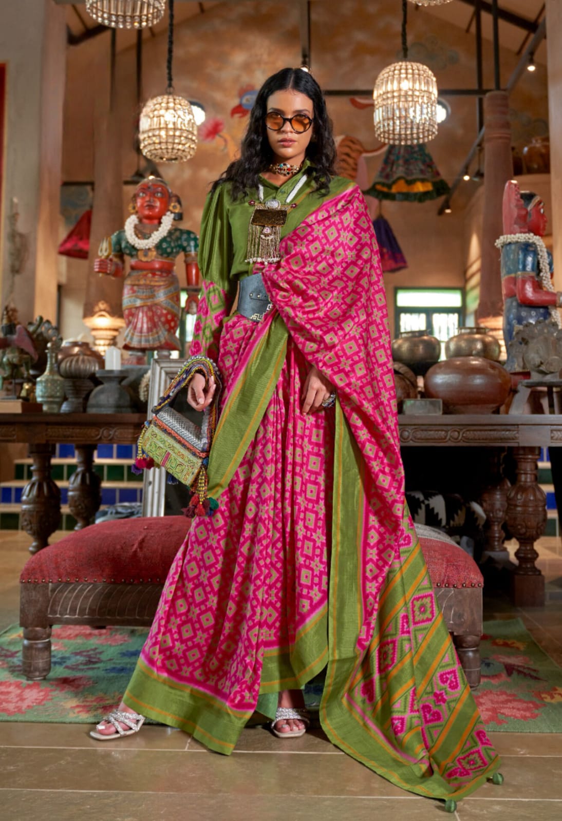 Olive Green Pink Double Ikkat Super 8001 P.V Silk H.B Print Saree