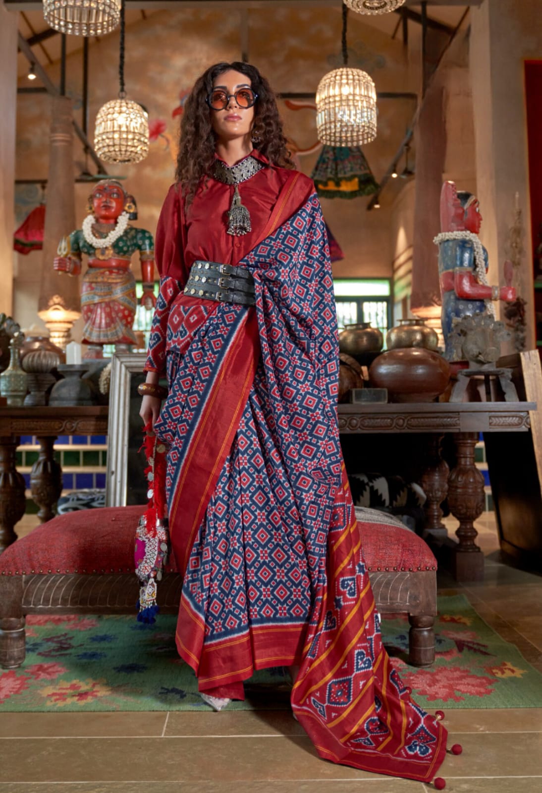 Navy Blue Maroon Double Ikkat Super 8001 P.V Silk H.B Print Saree