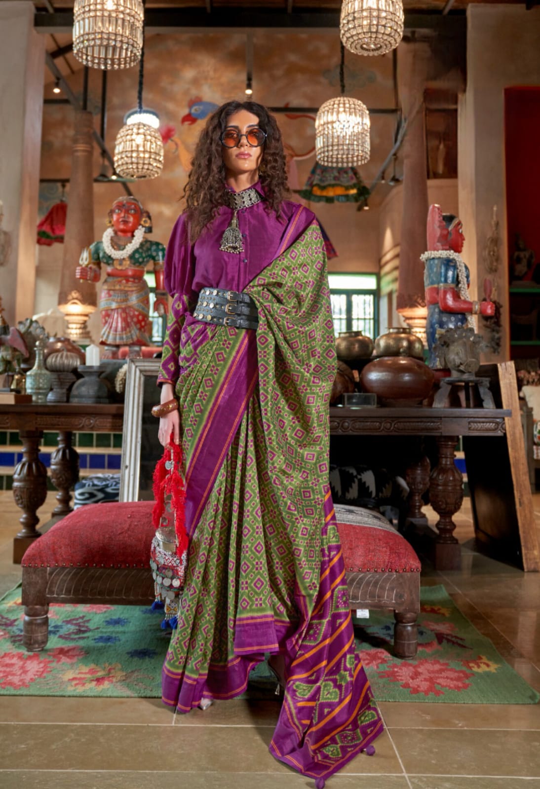 Olive Green Double Ikkat Super 8001 P.V Silk H.B Print Saree