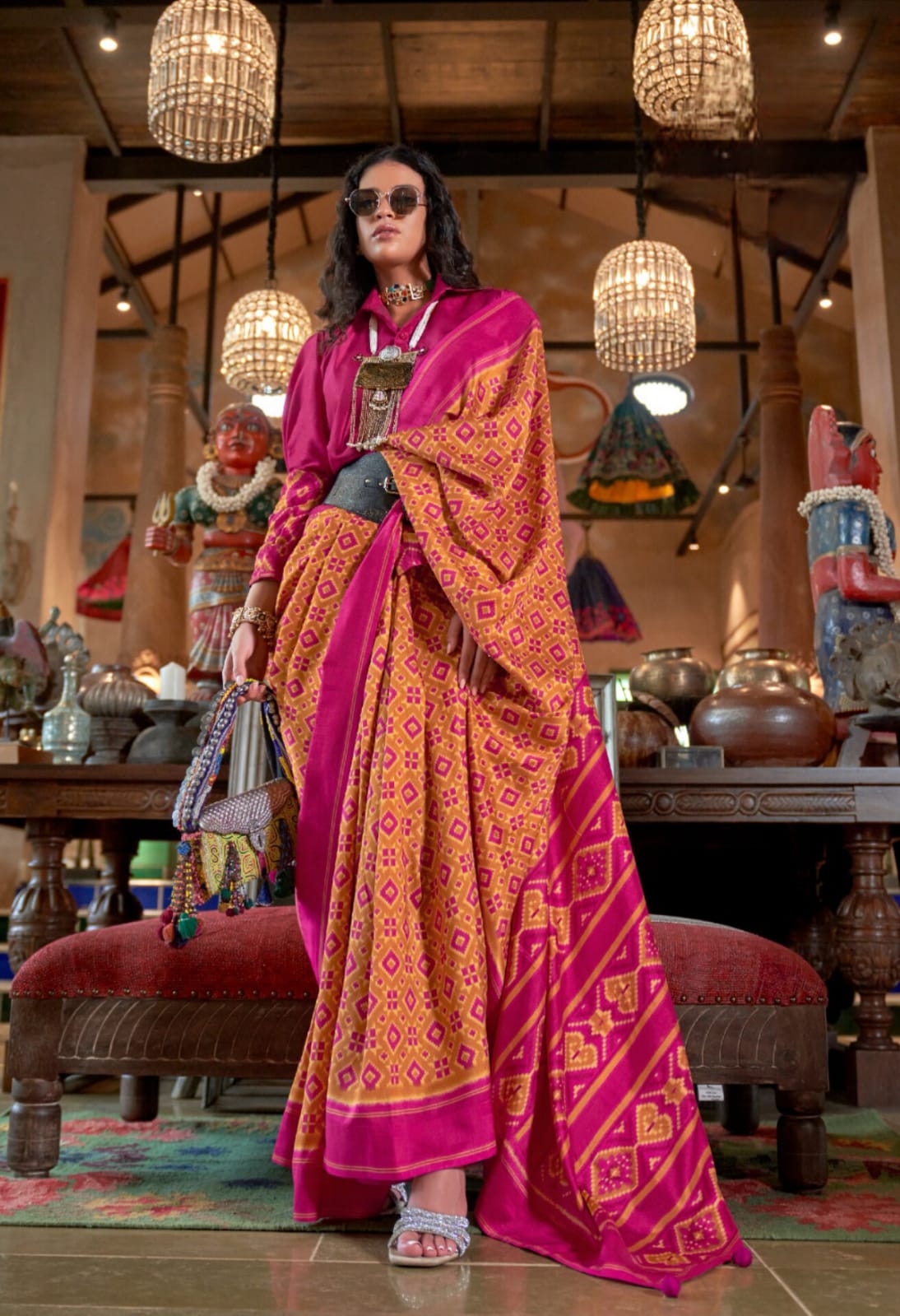 Orange Pink Double Ikkat Super 8001 P.V Silk H.B Print Saree