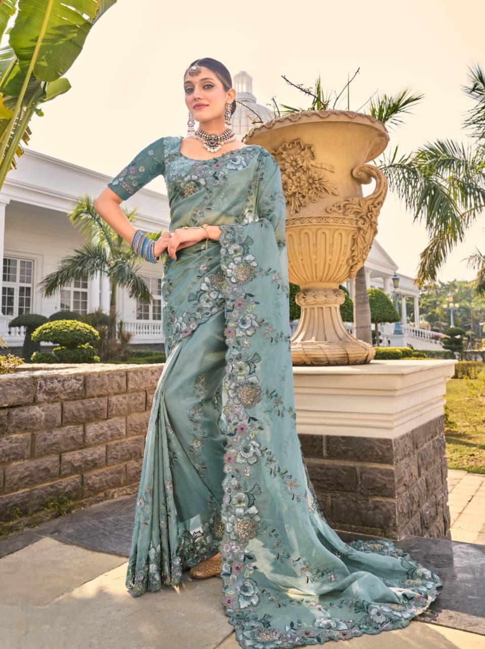 Sea Green Pure Organza Cut Dana Work Saree