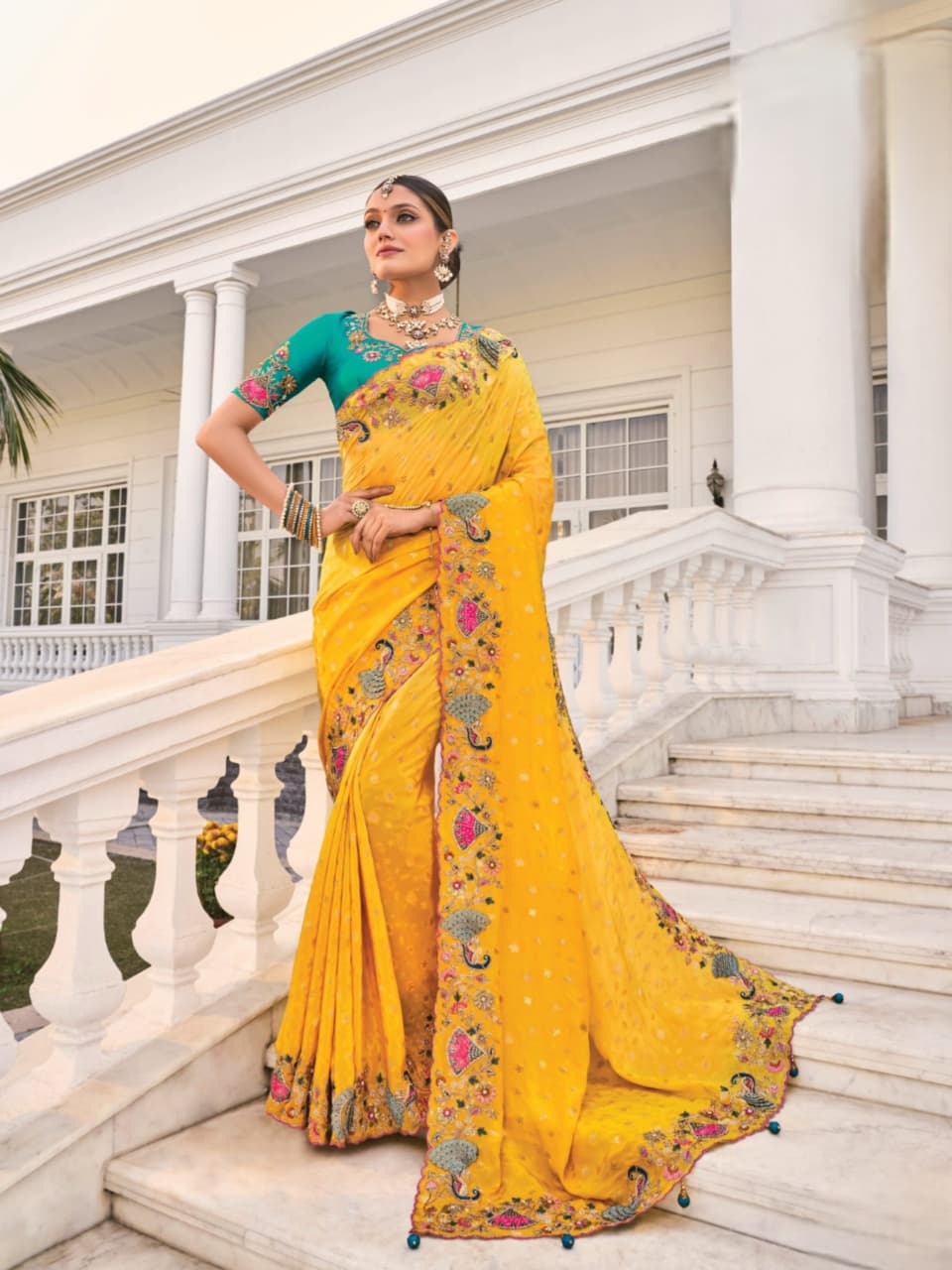 Yellow Natural Crape Cut Dana Work Saree