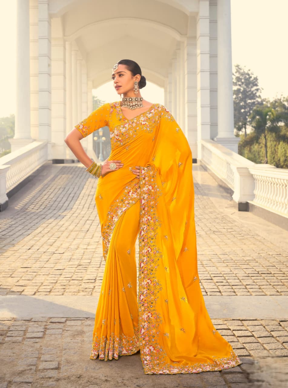 Mustard Pure Crape Jarkan Work Saree