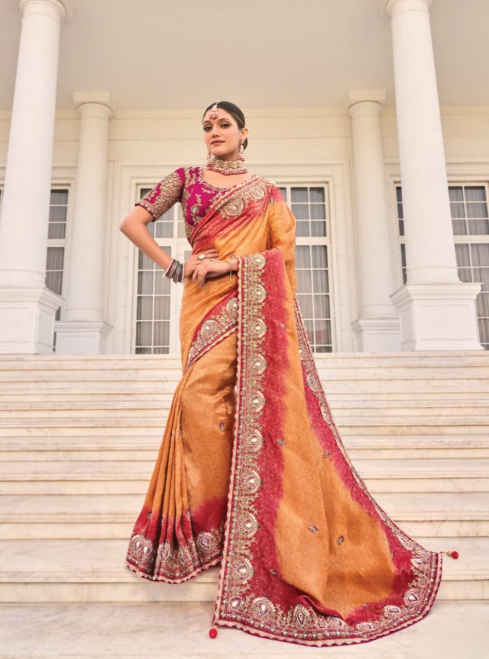 Peach Natural Crpae Jaquard Mirror Work Saree