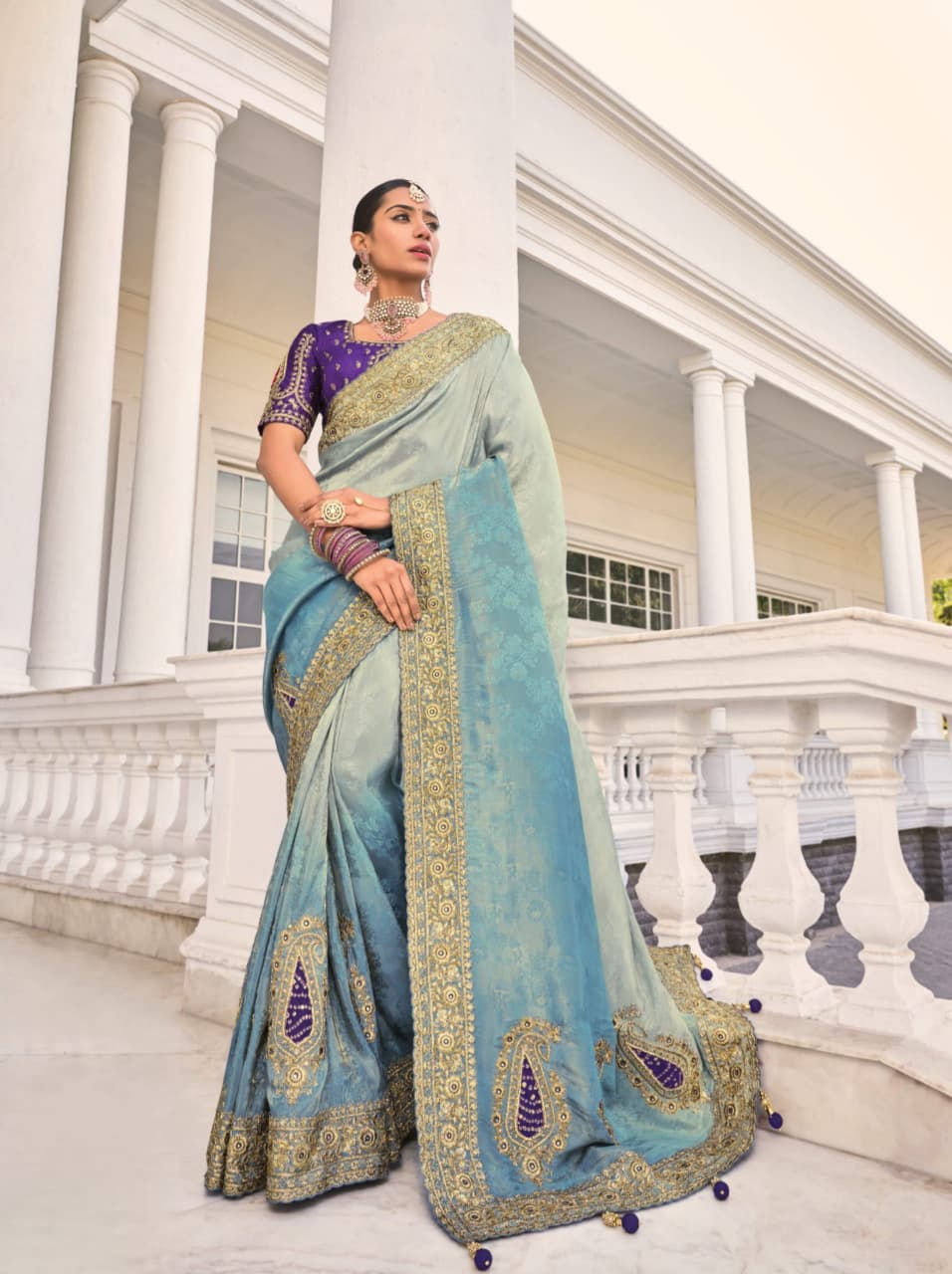 Grey To Blue Natural Crape Jaquard Cut Dana Work Saree