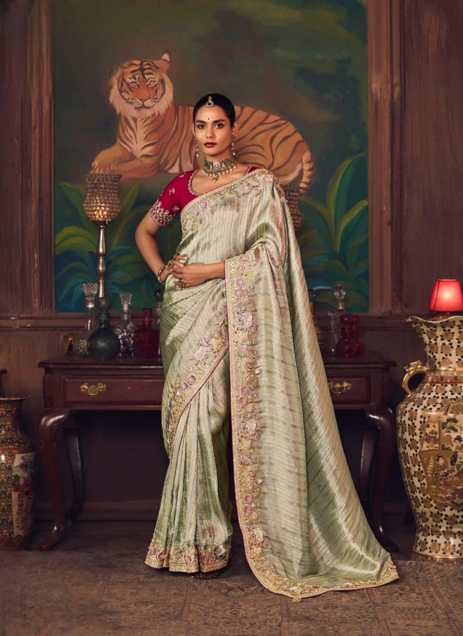 Off White Cream Silk Heavy Embroidered Saree