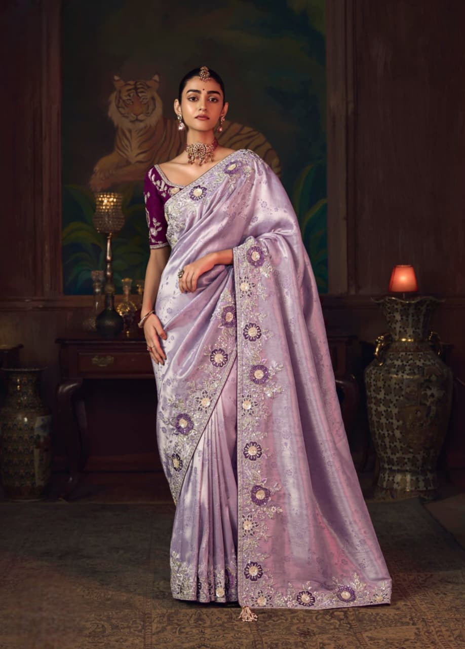 Lavender Purple Silk Heavy Embroidered Saree
