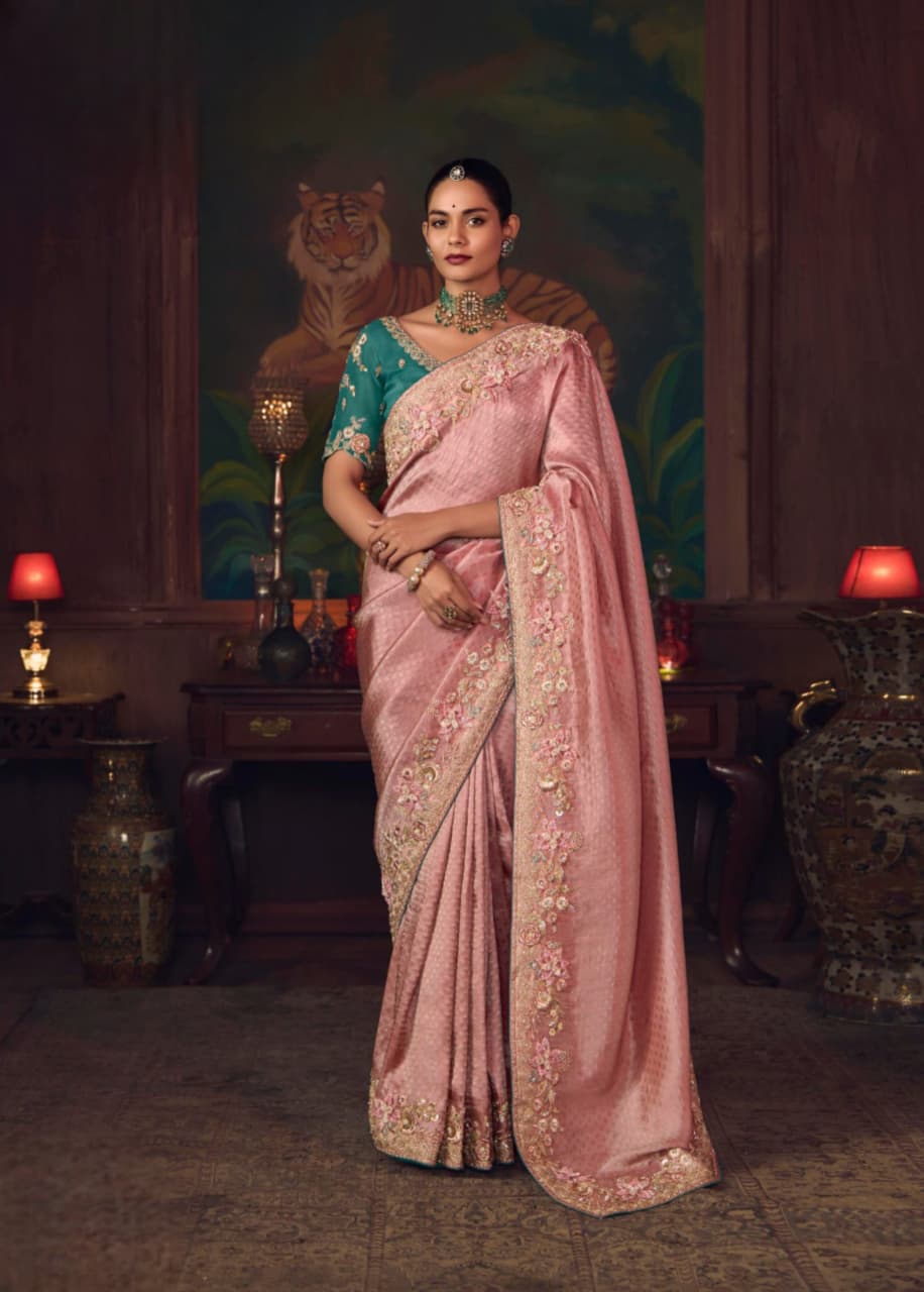Dusty Pink Silk Heavy Embroidered Saree