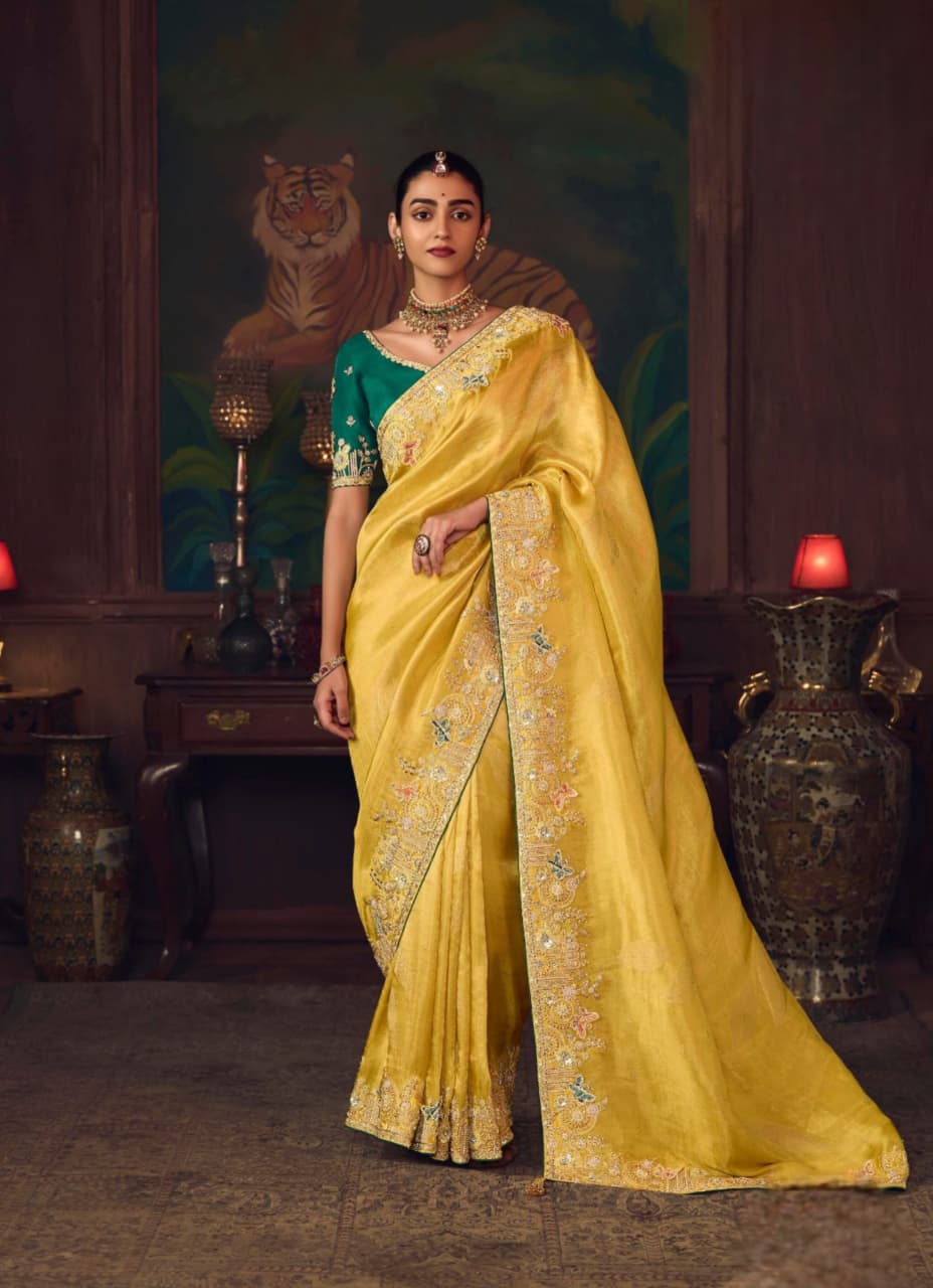 Lemon Yellow Silk Heavy Embroidered Saree