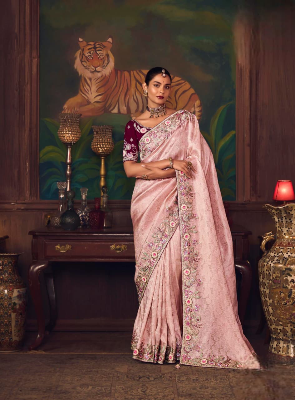 Light Pink Silk Heavy Embroidered Saree