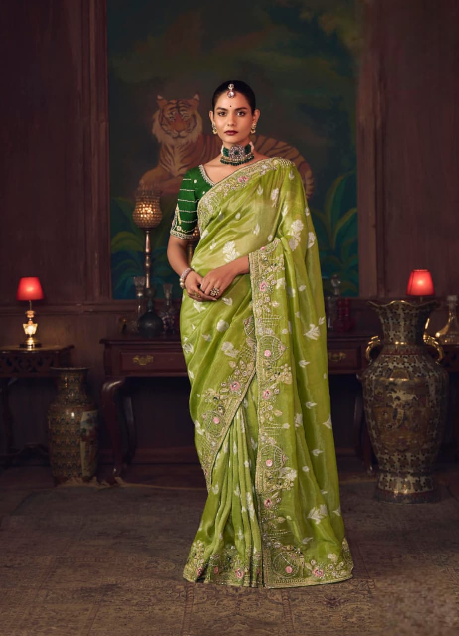 Lime Green Silk Heavy Embroidered Saree