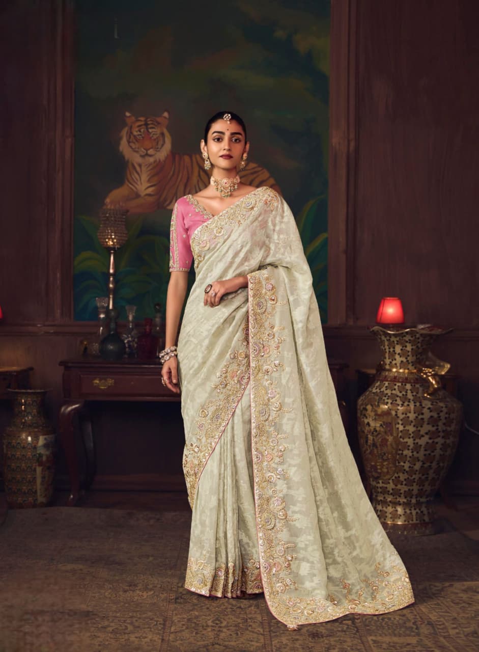 Cream Beige Silk Heavy Embroidered Saree