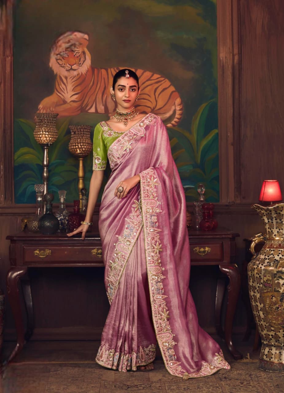 Pink Purple Silk Heavy Embroidered Saree