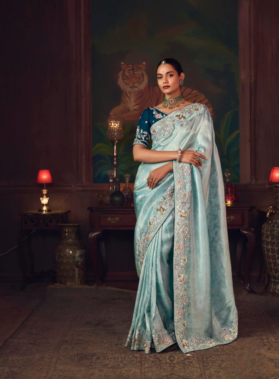 Sky Blue Silk Heavy Embroidered Saree