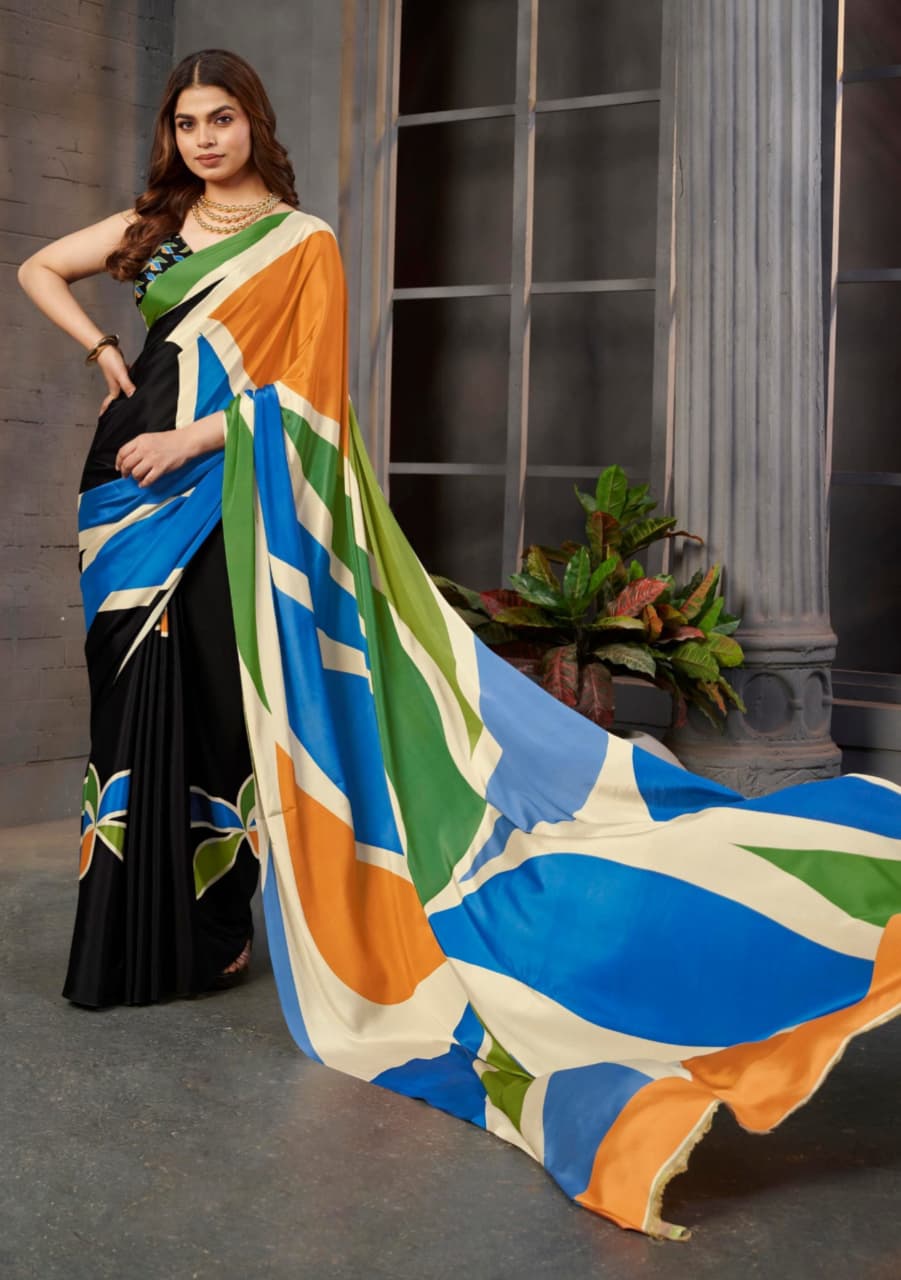 Black Blue Orange Green Malai Silk Crepe Digital Print Saree