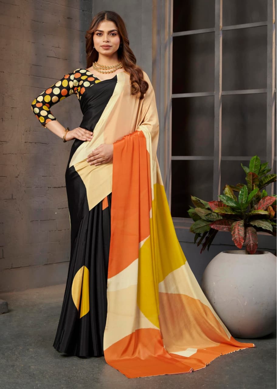 Black Cream Yellow Orange Malai Silk Crepe Digital Print Saree