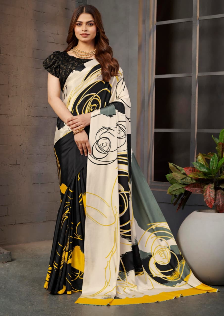 Cream Black Yellow Malai Silk Crepe Digital Print Saree