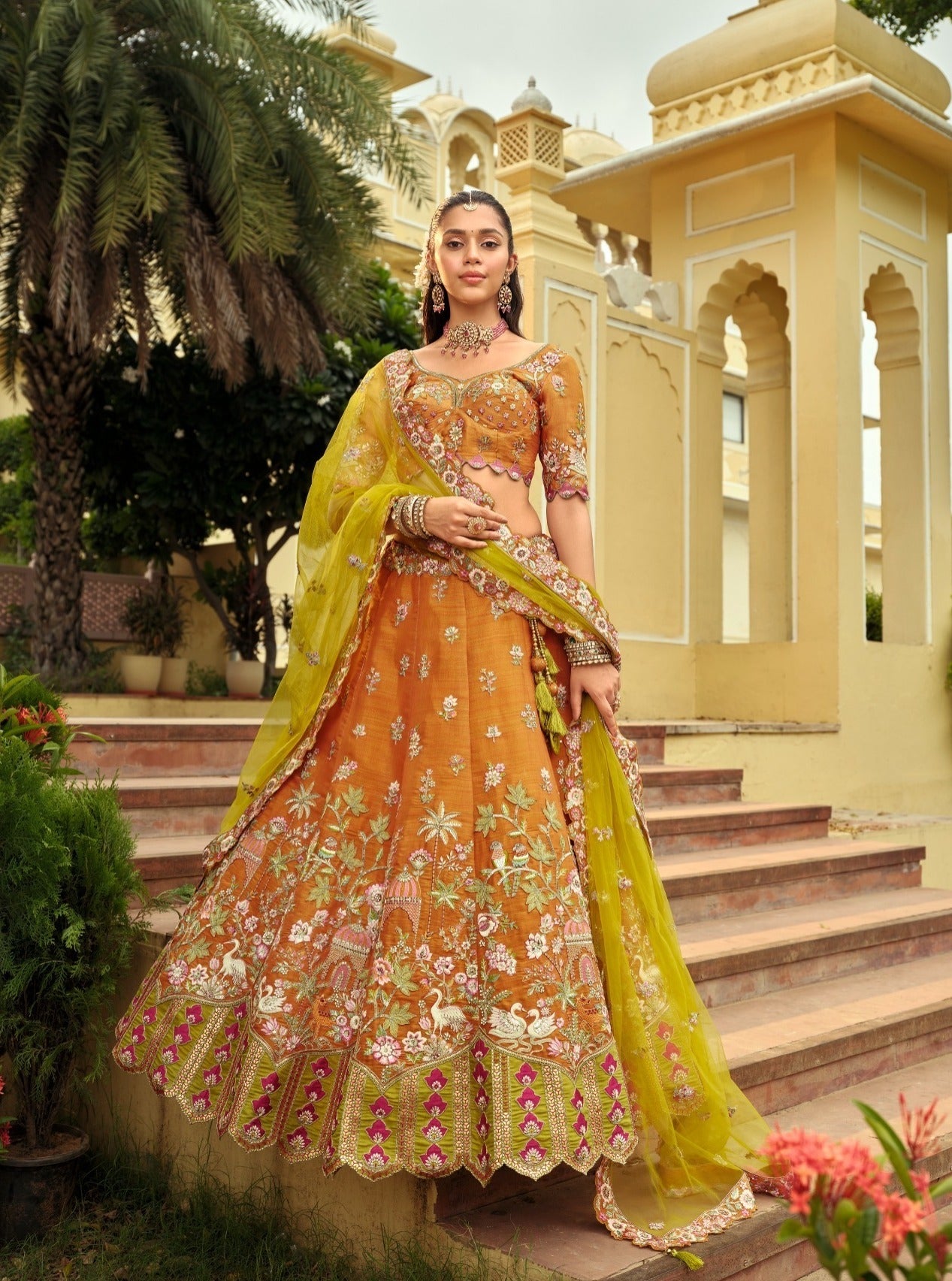 Orange Silk Heavy Embroidery Cut Work Border Weaving Butti Art Mirror Work Lehenga