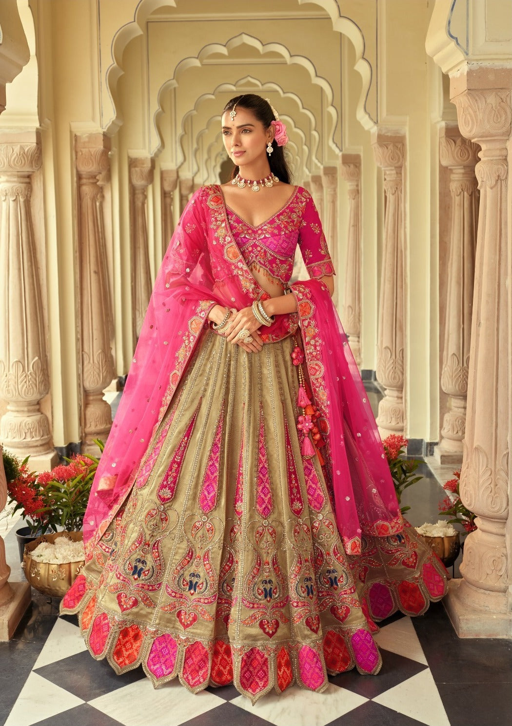 Pink Beige Silk Heavy Embroidery Cut Work Border Weaving Butti Art Mirror Work Lehenga