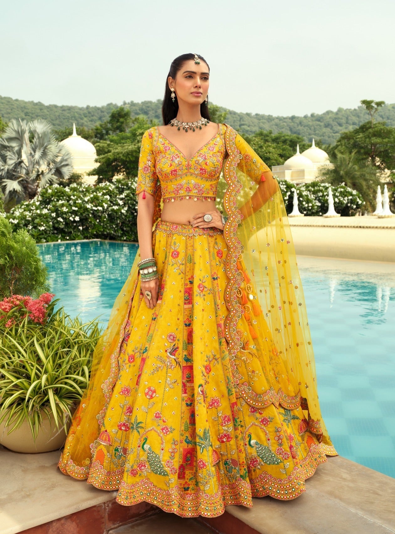 Yellow Silk Heavy Embroidery Cut Work Border Weaving Butti Art Mirror Work Lehenga