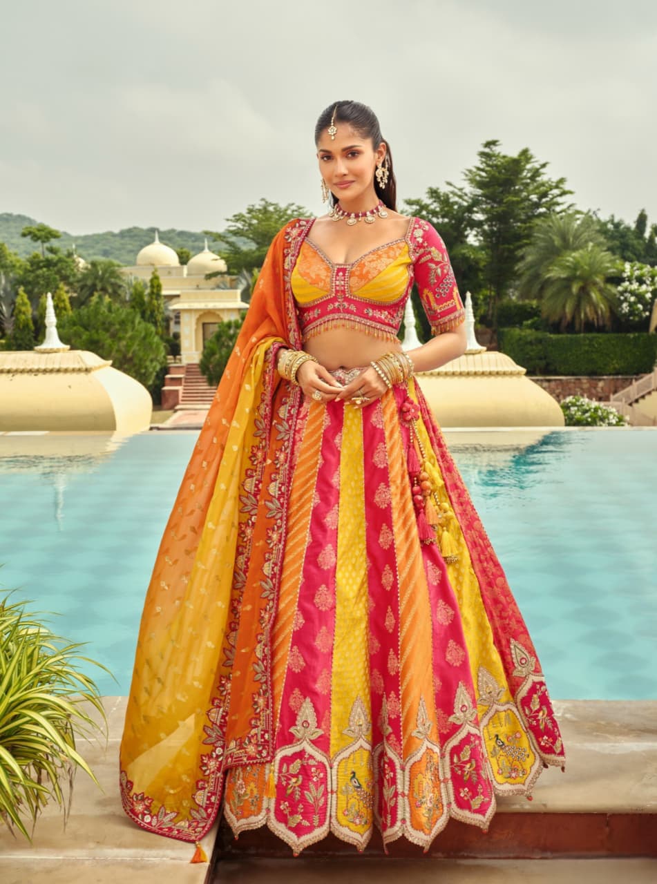 Yellow Orange Silk Heavy Embroidery Cut Work Border Weaving Butti Art Mirror Work Lehenga