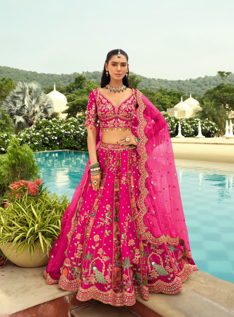 Pink Silk Heavy Embroidery Cut Work Border Weaving Butti Art Mirror Work Lehenga