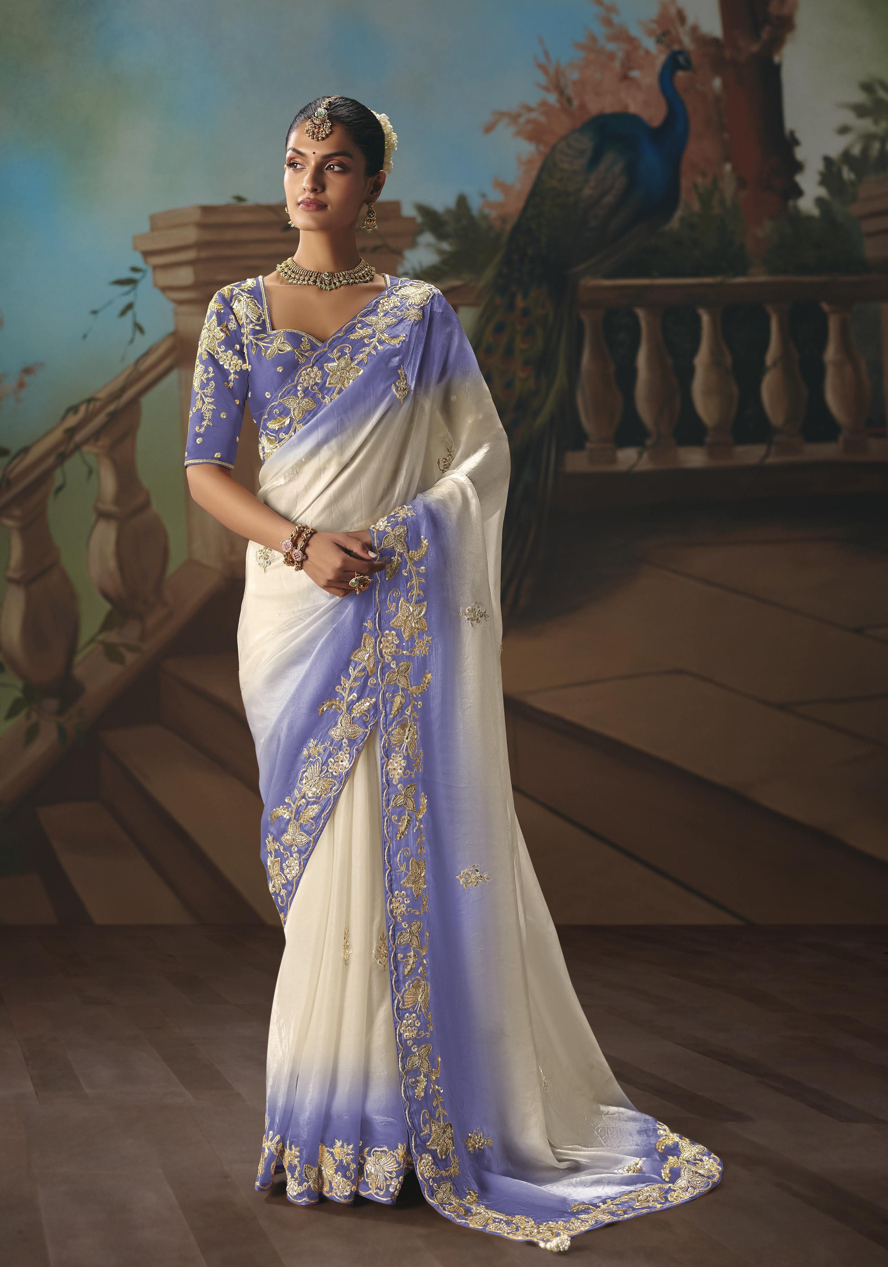 Lavender Glass Tissue Embroidery Saree