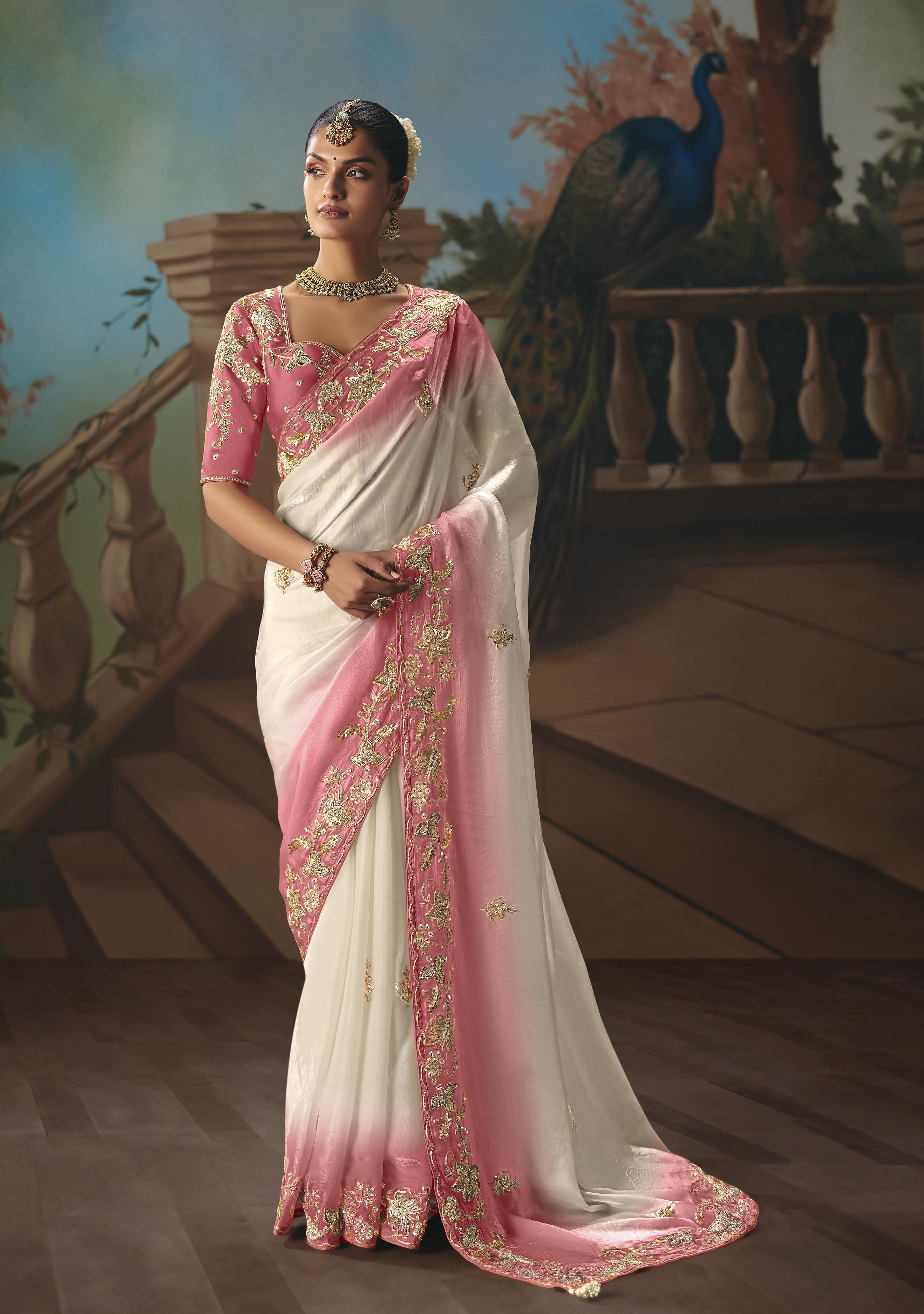 Pink Glass Tissue Embroidery Saree