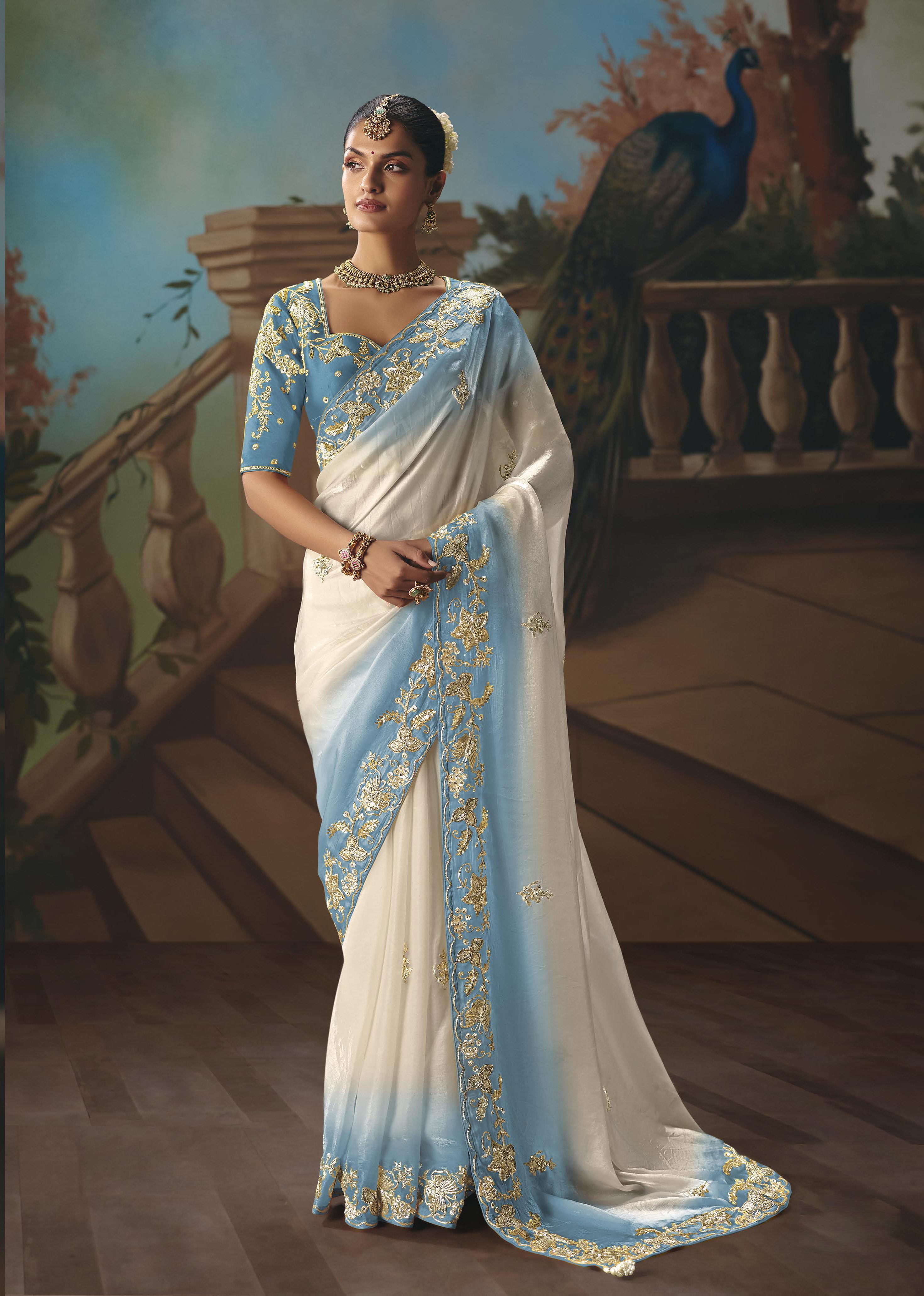 Blue Glass Tissue Embroidery Saree