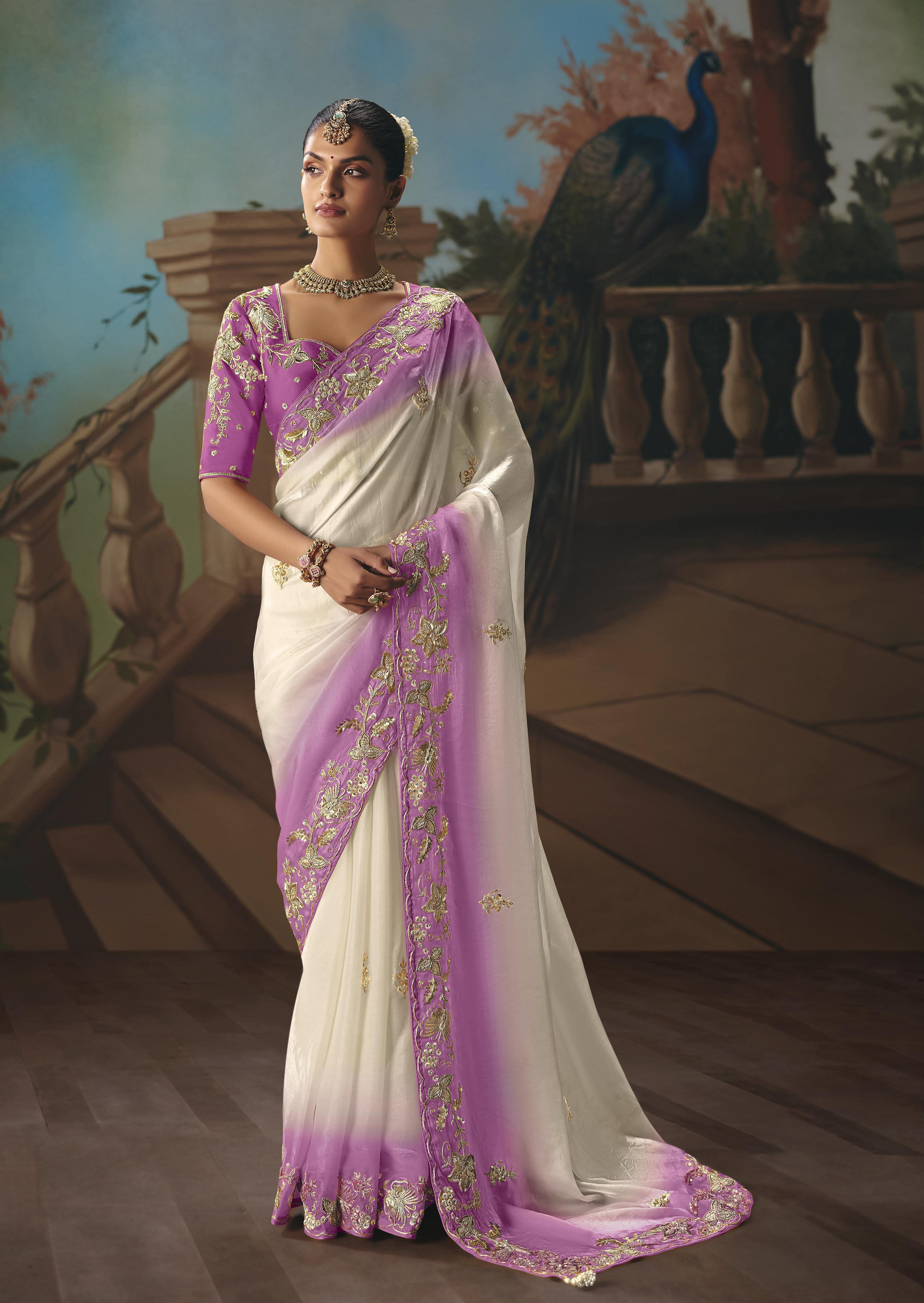 Purple Glass Tissue Embroidery Saree