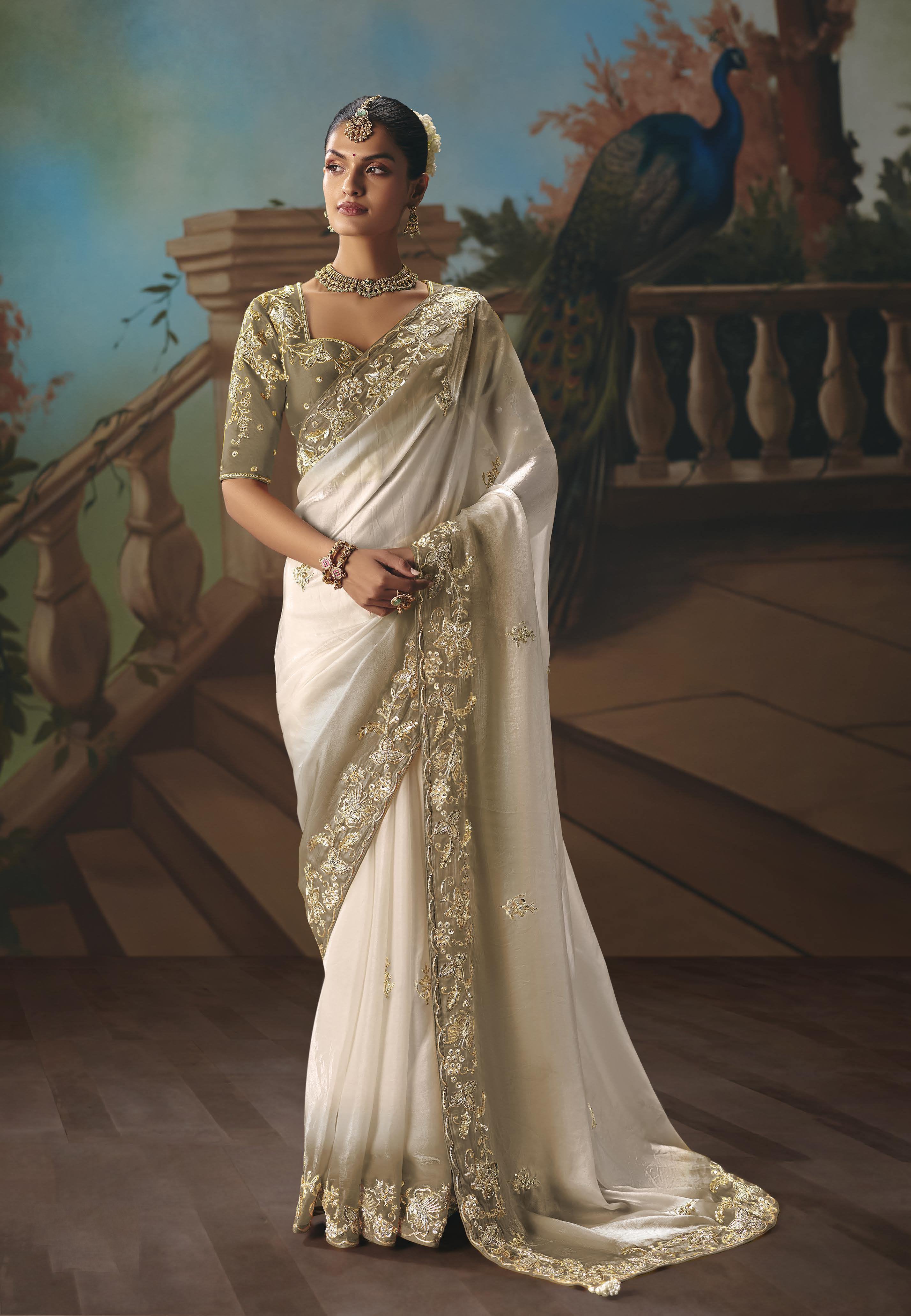 Dark Beige Glass Tissue Embroidery Saree