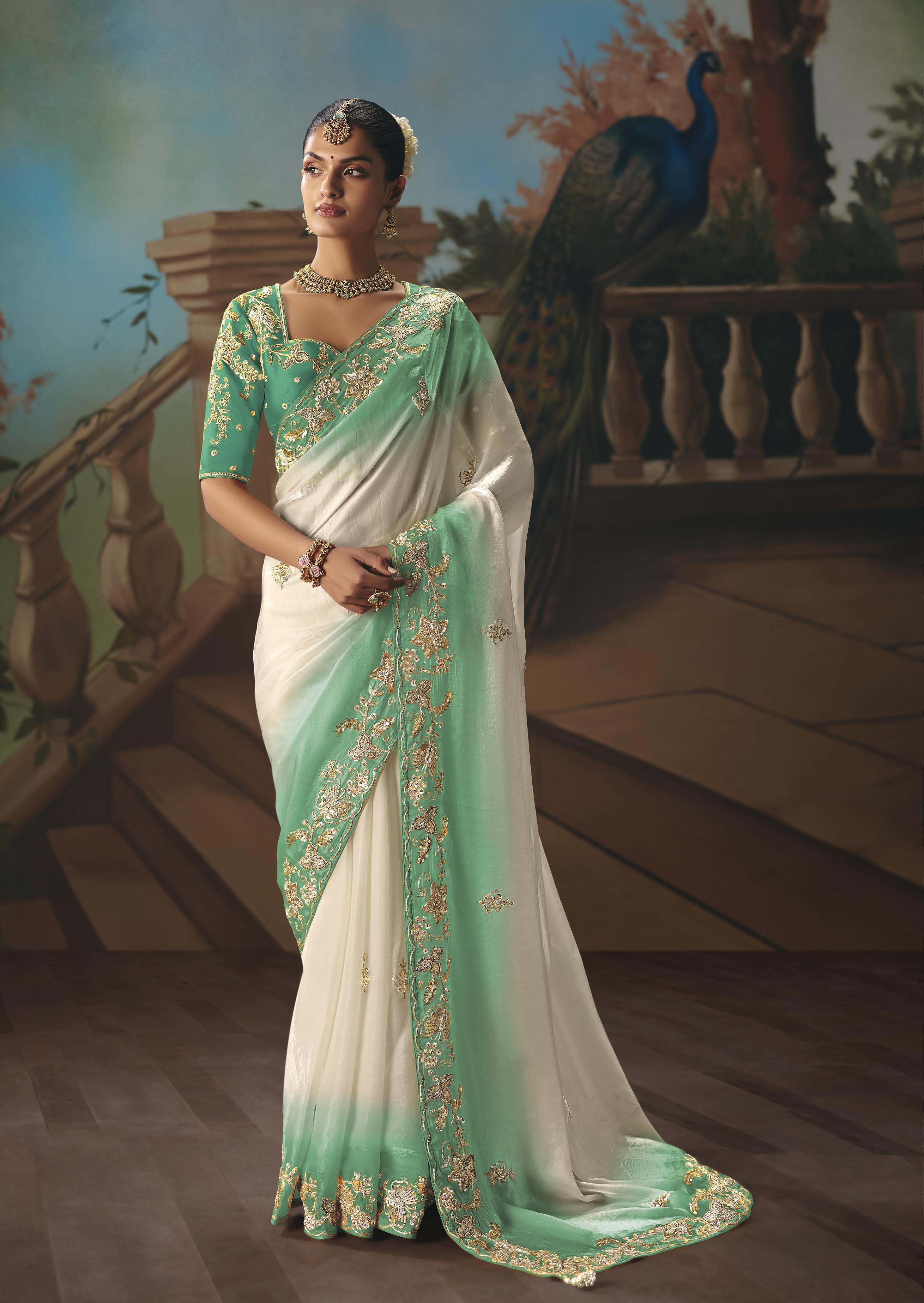 Green Glass Tissue Embroidery Saree