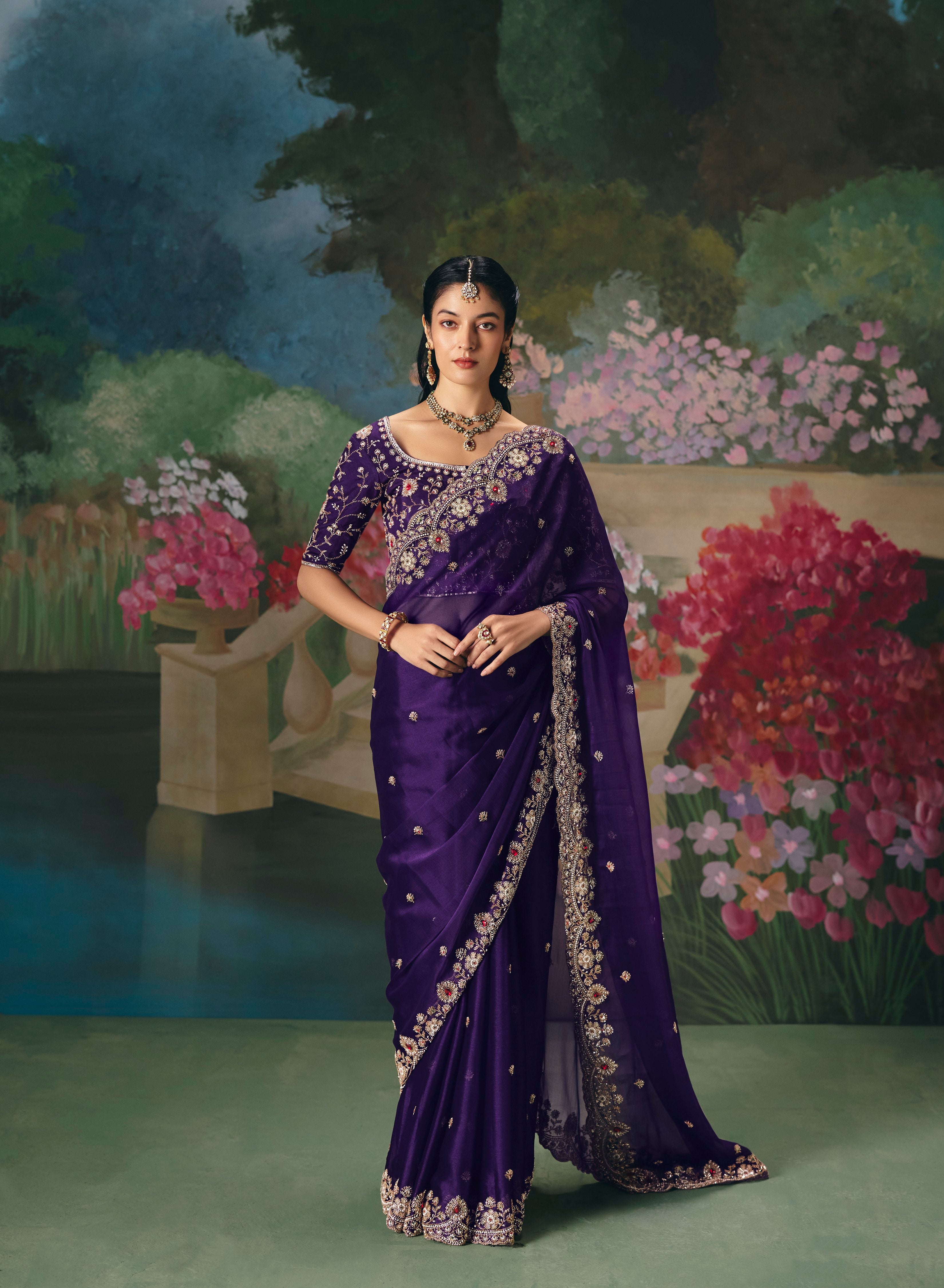 Dark Purple Premium Fancy Heavy Beads Work Saree