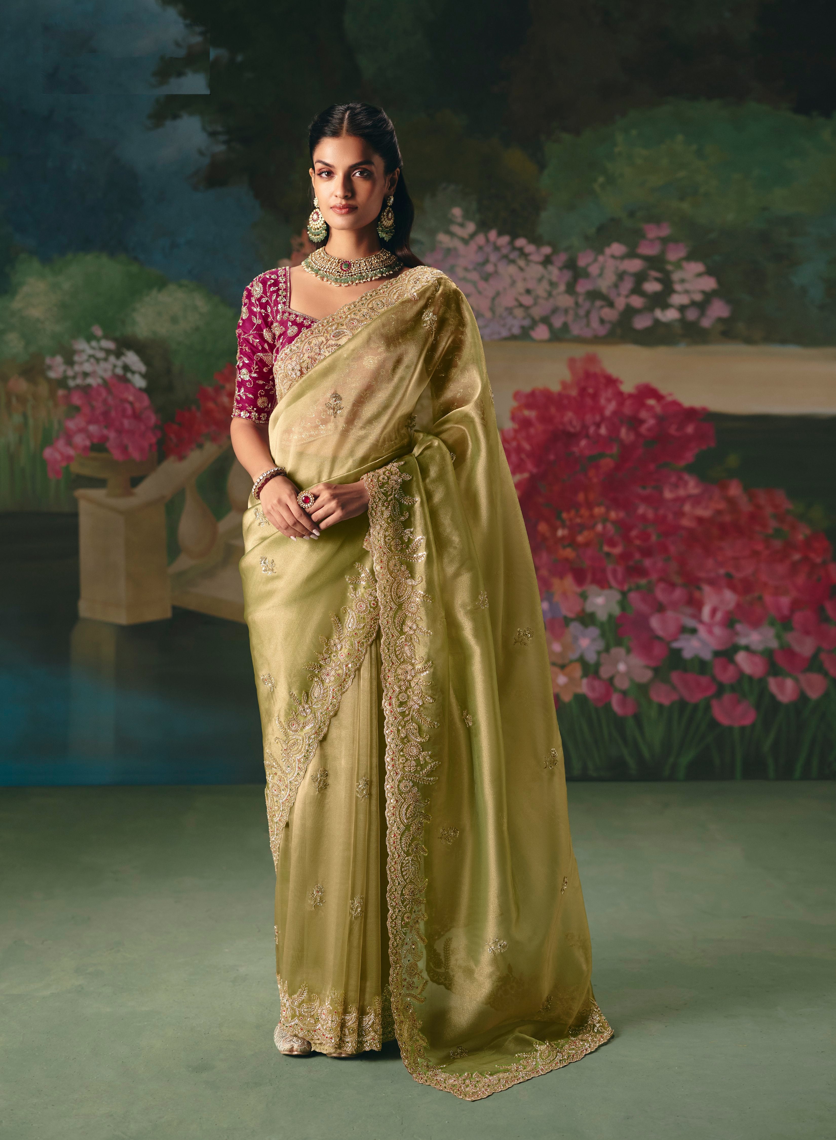 Green Premium Fancy Heavy Beads Work Saree